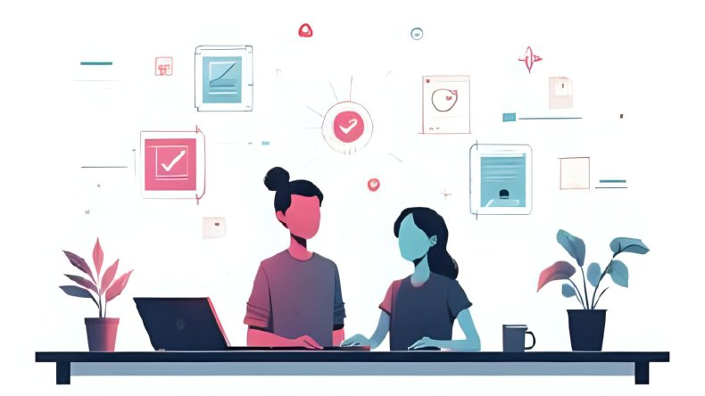 Two persons sitting in front of an office desk, pink and blue tones, artificial intelligence references in the air