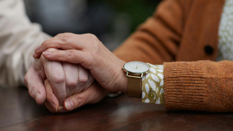 Nuorempi pitää vanhempaa kädestä