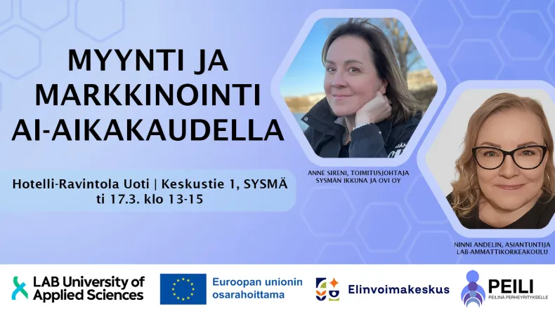 PEILI-tapahtuma perheyrittäjille. Kuvassa puhujat Anne Sireni sekä Ninni Andelin.